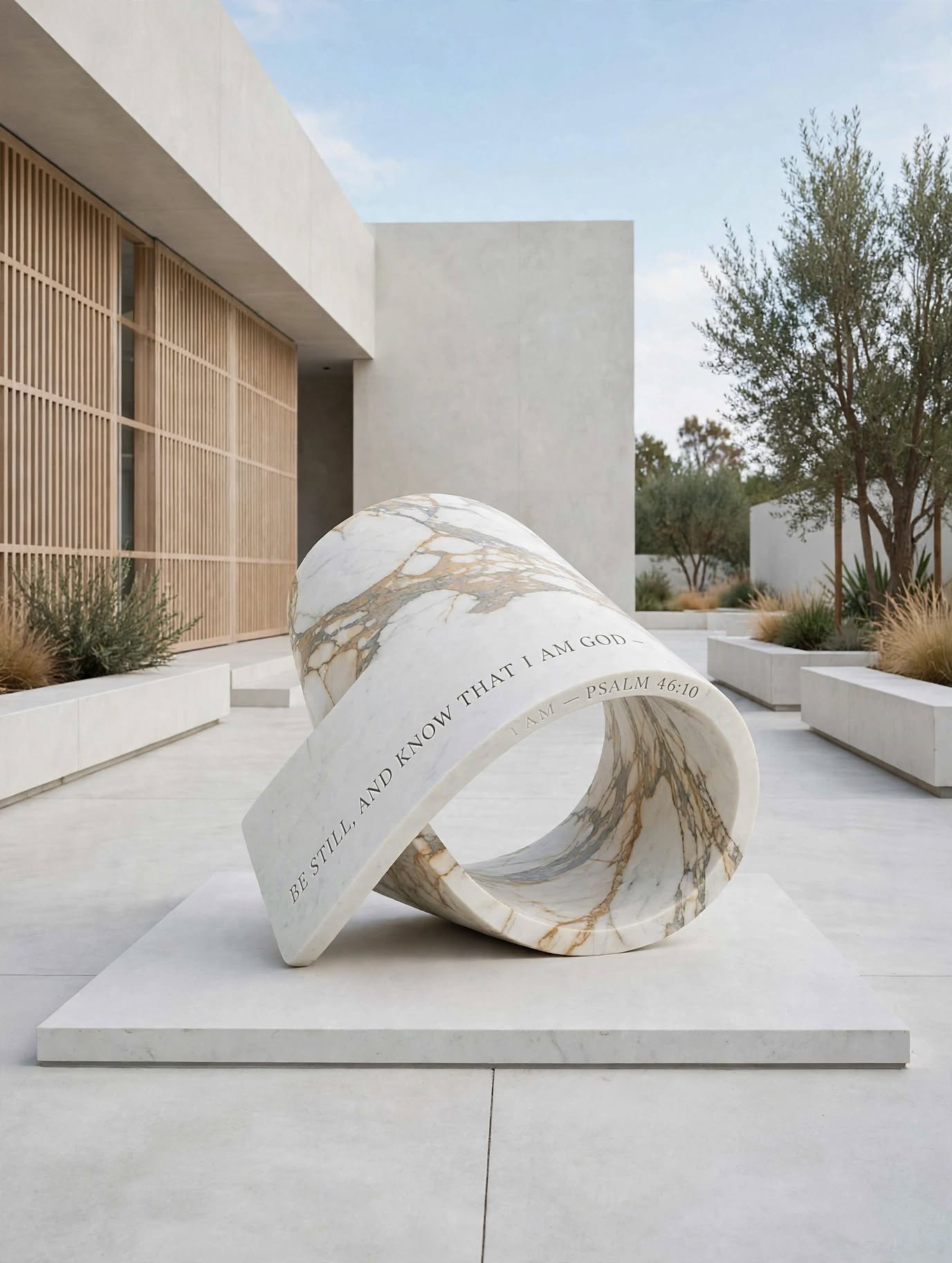 Endless Return — a veined white and gold marble ribbon curled into a closed loop on a stone plinth in a courtyard.