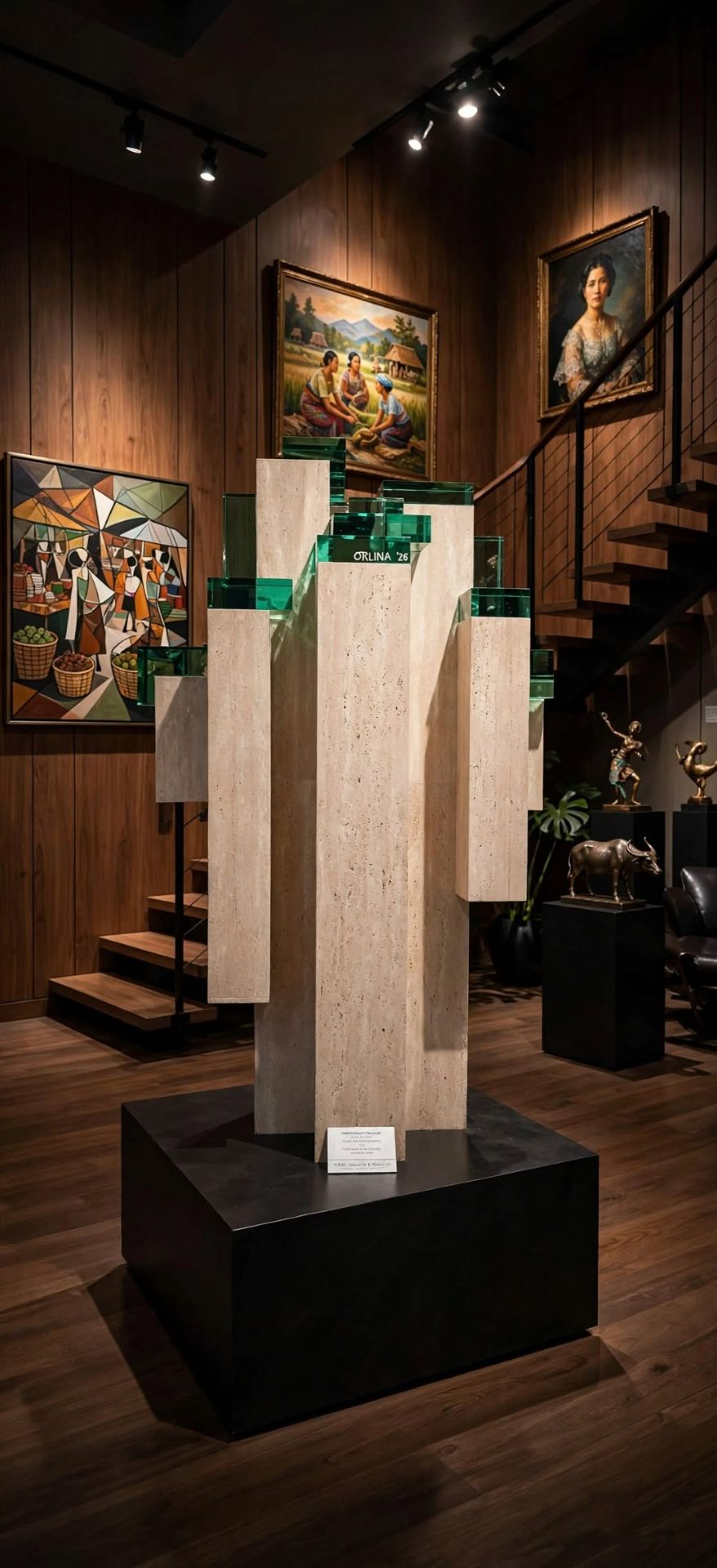 Emerald Colonnade — travertine columns interleaved with thick emerald glass blocks on a black plinth in a gallery.