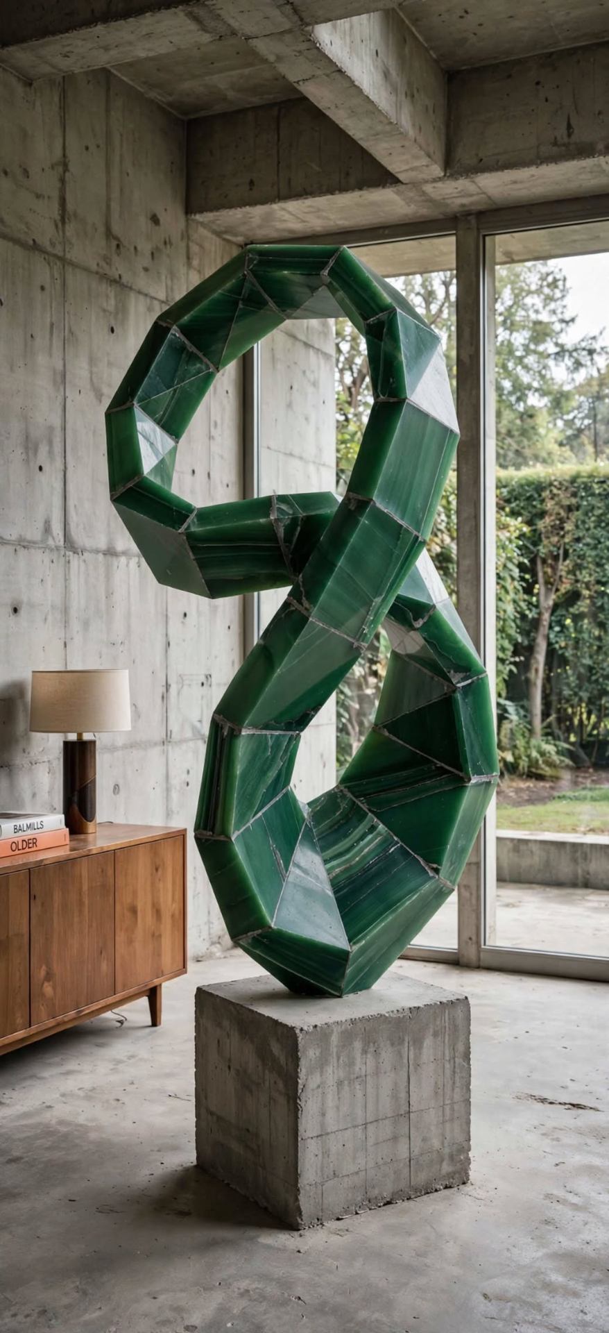 Double Orbit — a faceted green onyx sculpture of two interlocking rings on a concrete plinth.