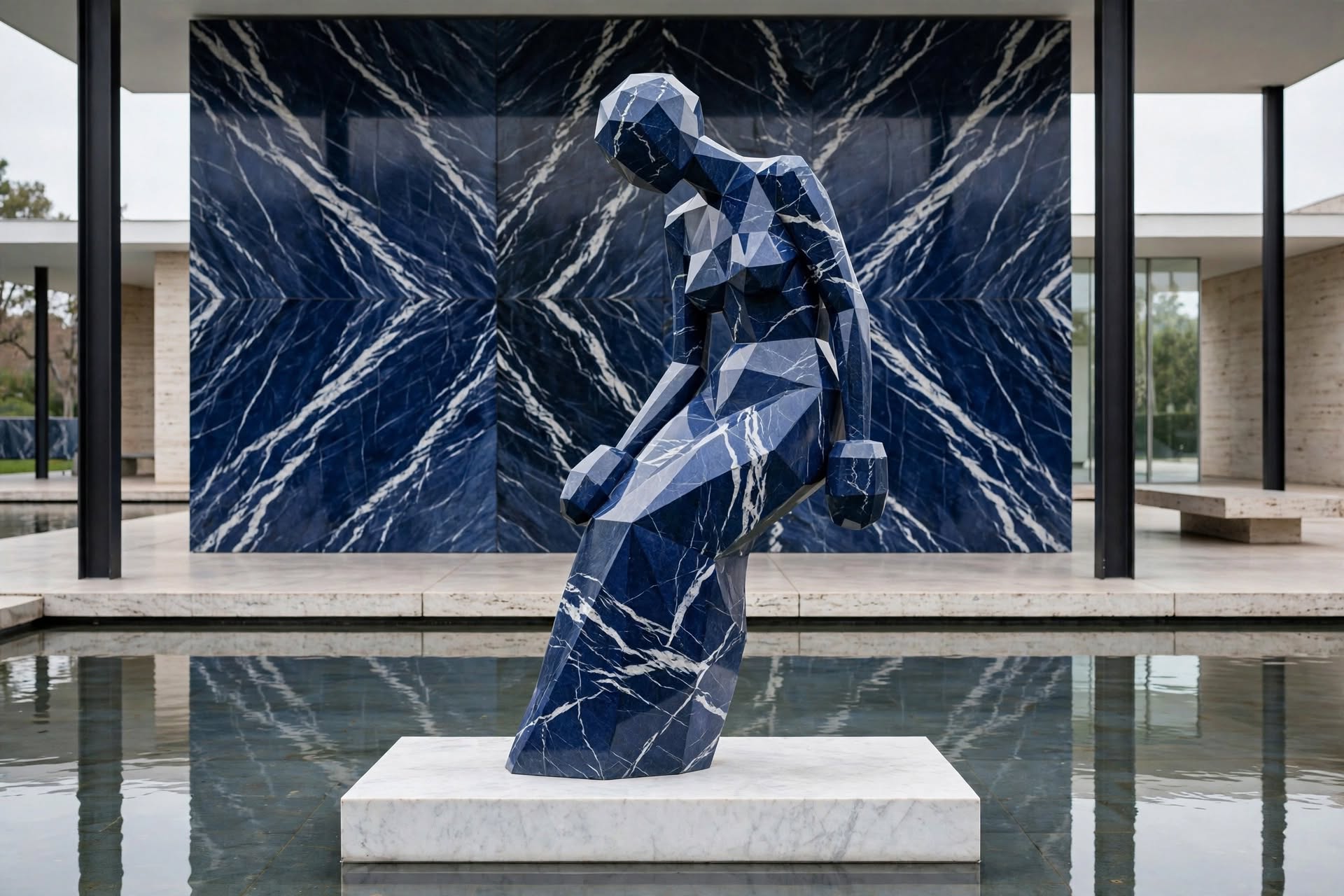 Blue Repose — a faceted deep blue marble seated figure leaning forward, on a white plinth above still water.