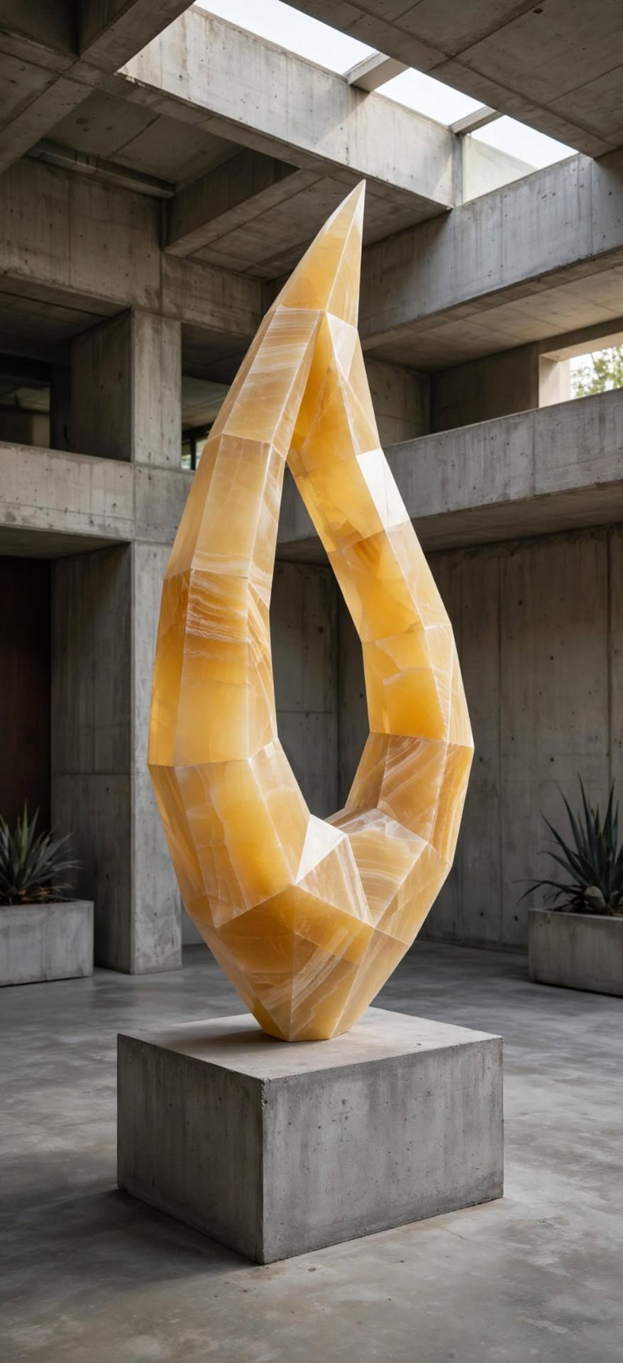 Solar Ring — a tall faceted yellow onyx loop rising to a point, on a concrete plinth in a brutalist hall.