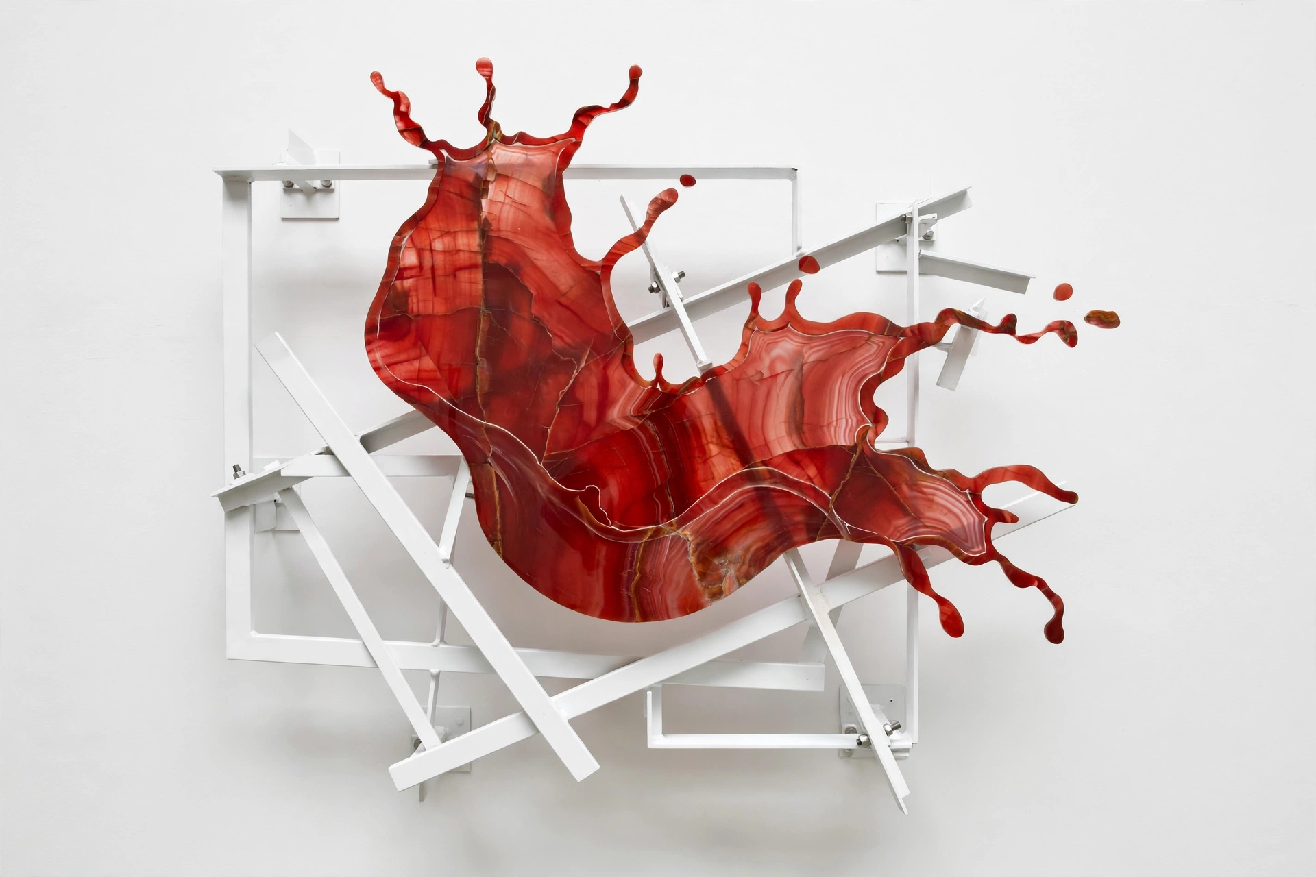 Crimson Throw — a red agate splash across a white painted steel frame.