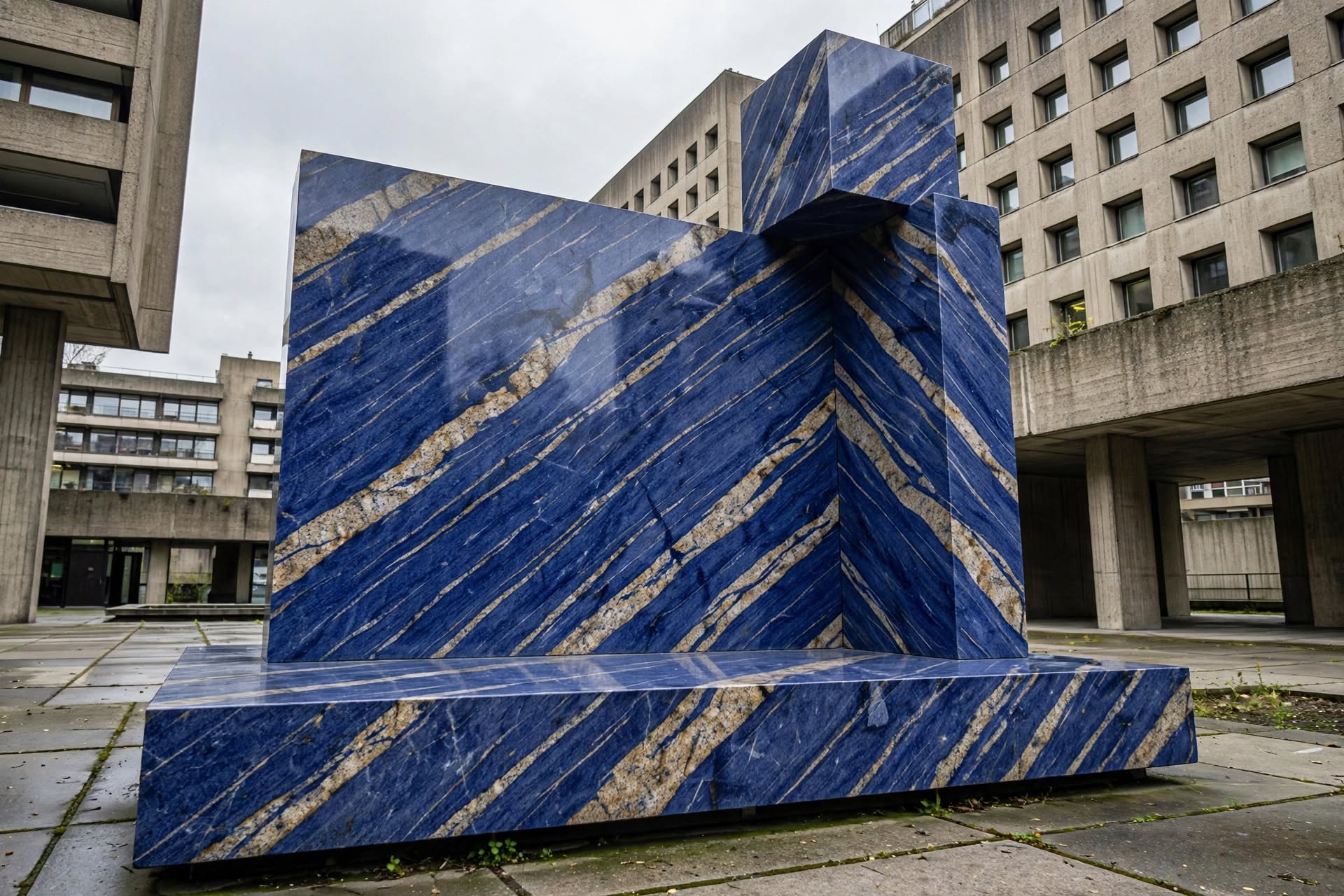 Oblique Axis — a blue and gold veined marble sculpture of intersecting planes on a low plinth in a concrete plaza.