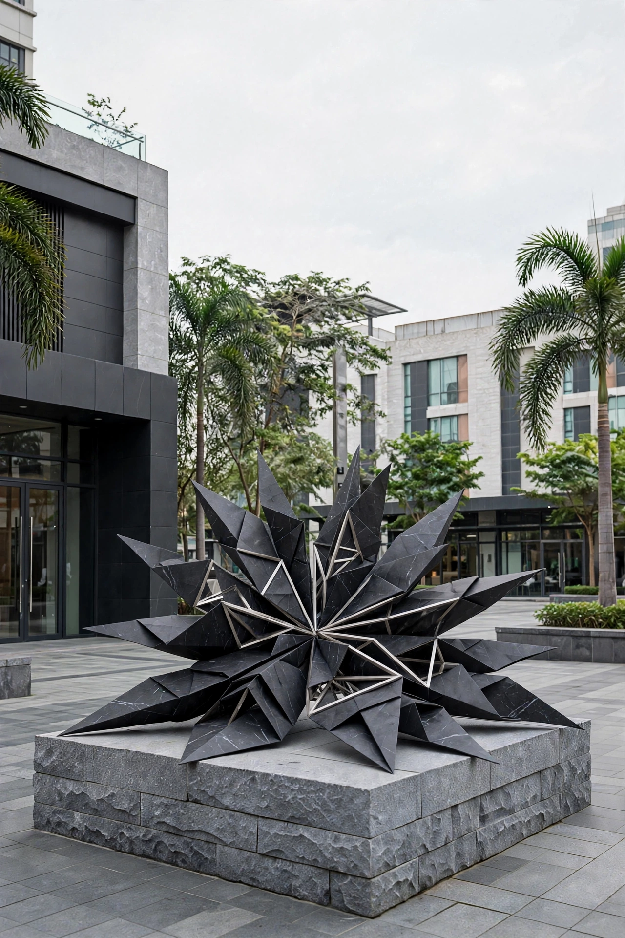 Kiku Zaiku — a black marble and steel chrysanthemum burst on a granite plinth.