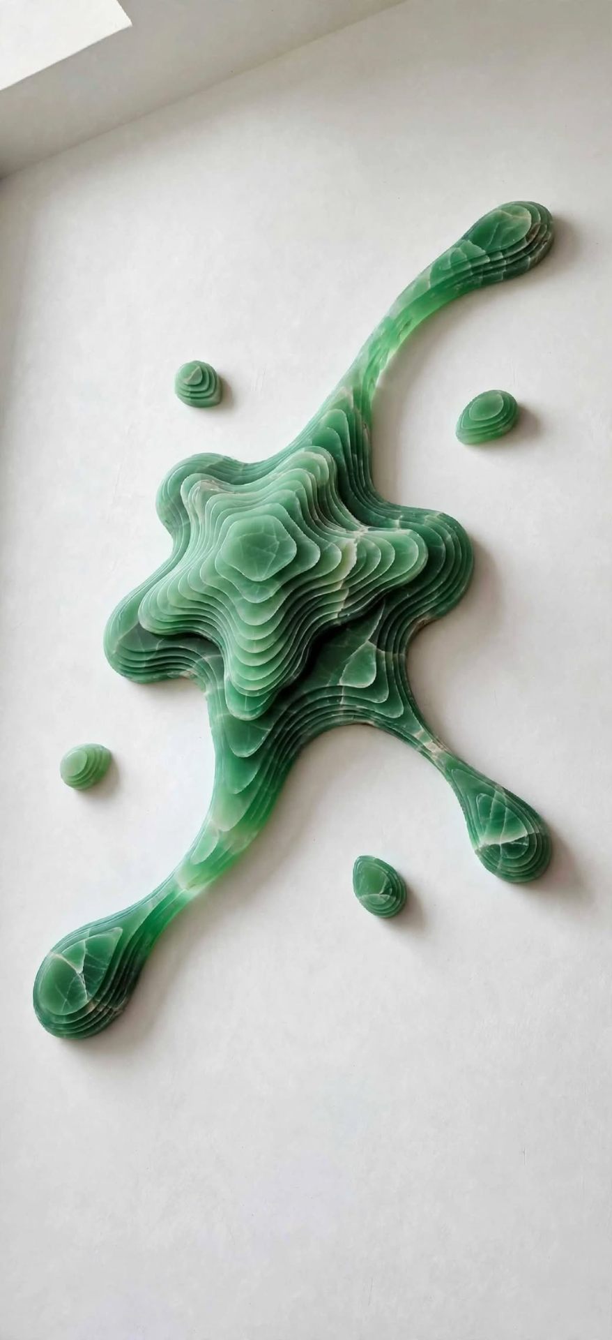 Spring Tide — a green onyx splash sculpture with layered edges and satellite drops.