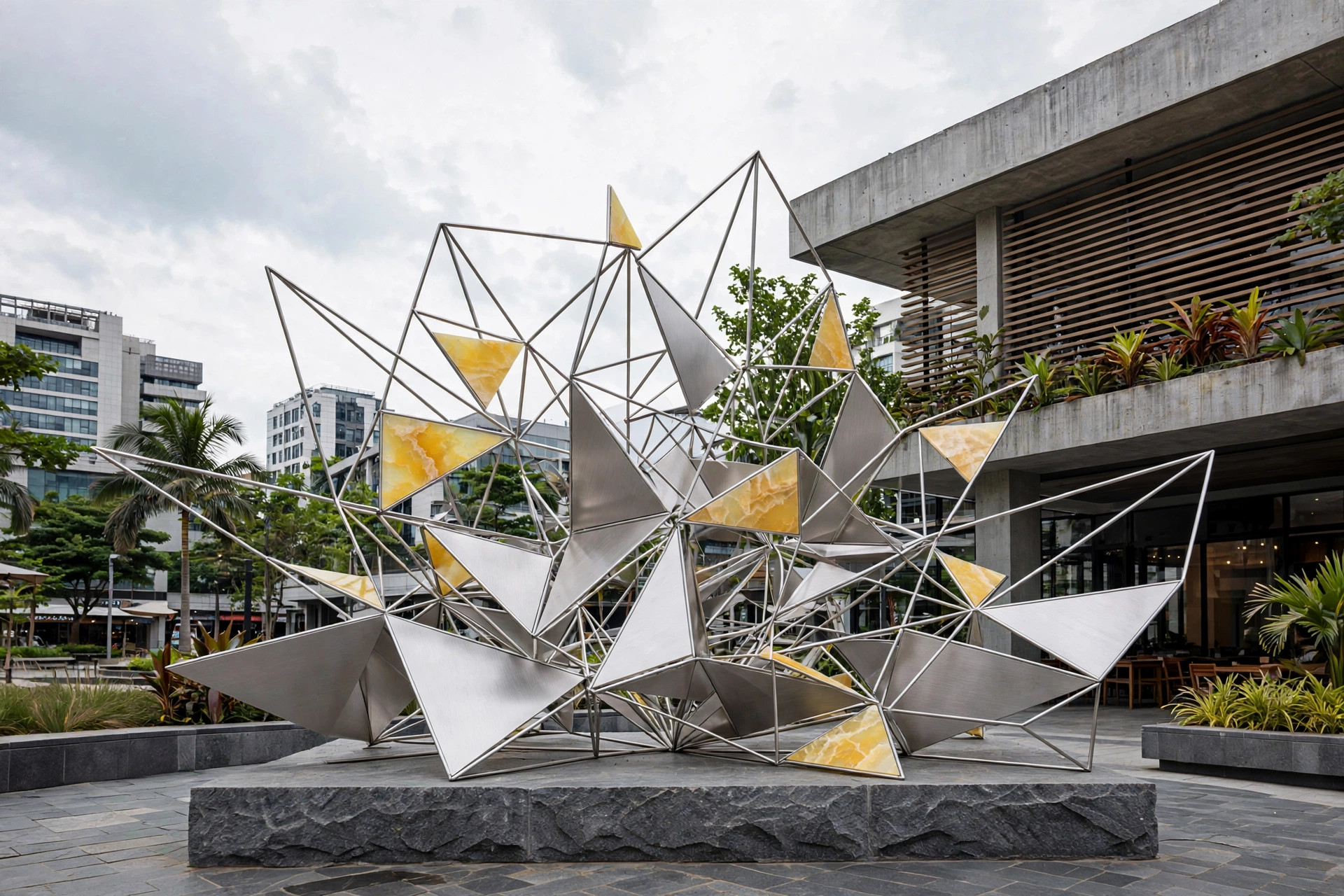 Yamaori — a triangulated steel lattice inset with yellow onyx panels.