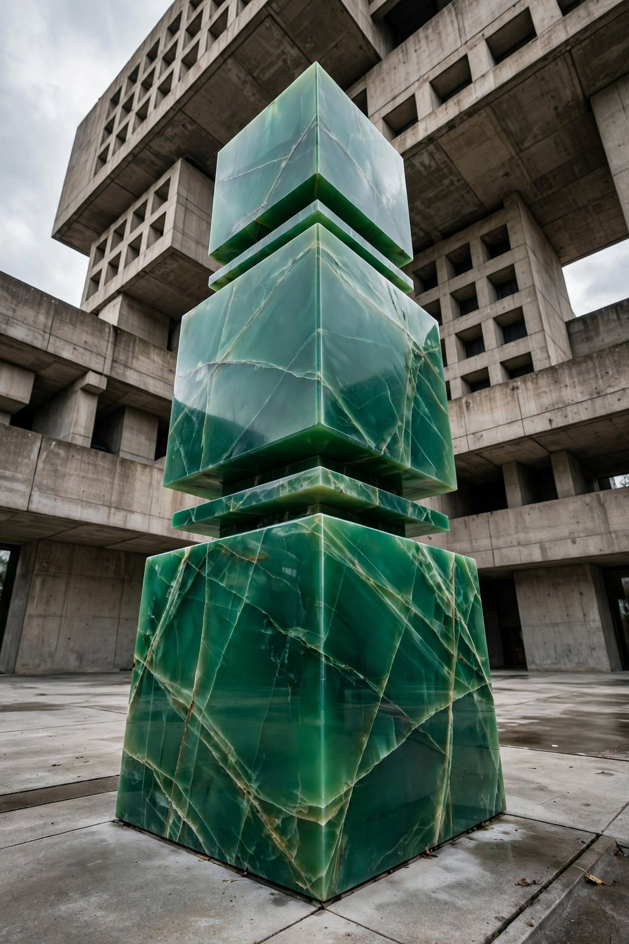 Vertical Order — a column of three translucent green onyx blocks separated by thin slabs, in a brutalist courtyard.