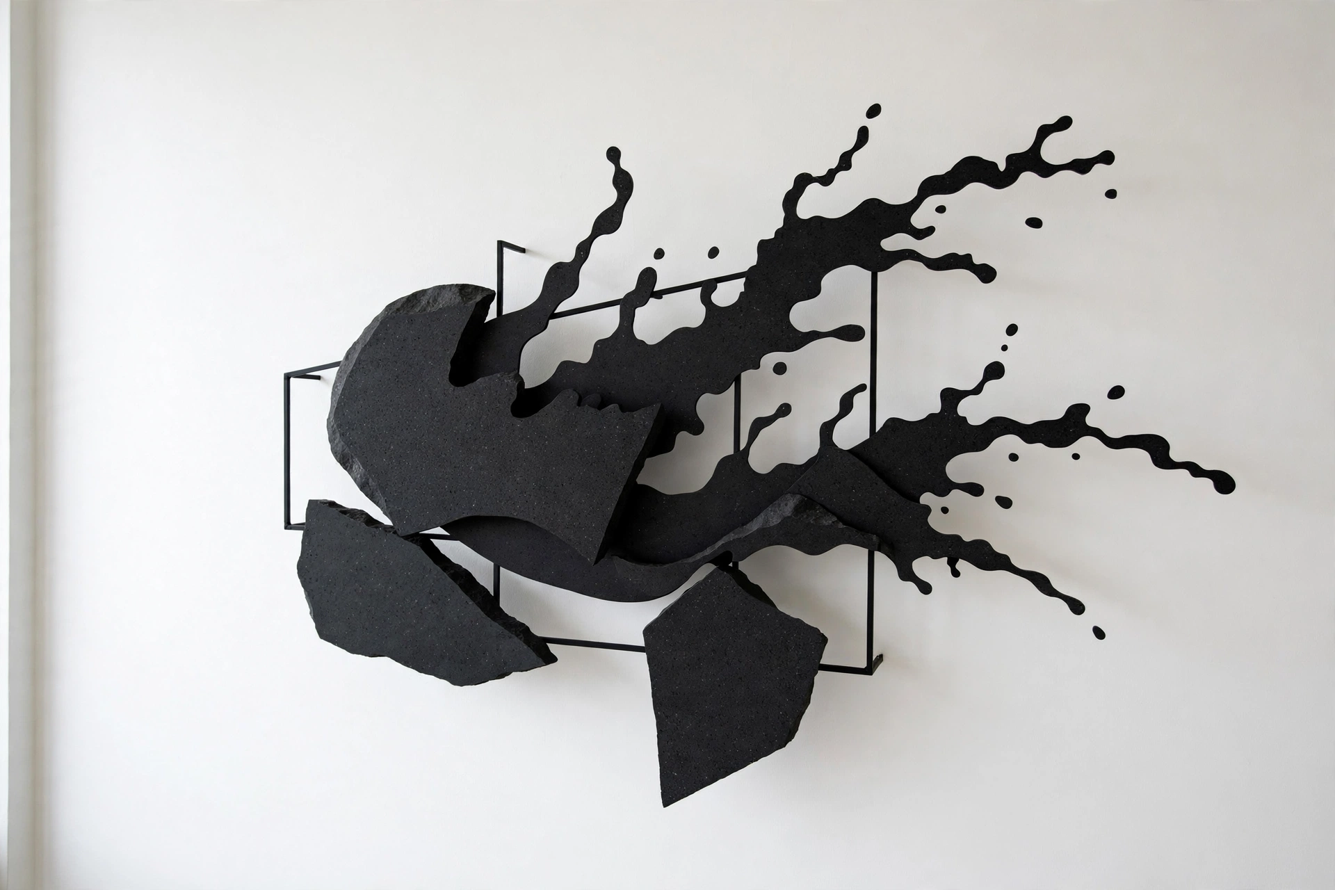 Obsidian Break — rough black basalt fragments trailing into a fine black splash.