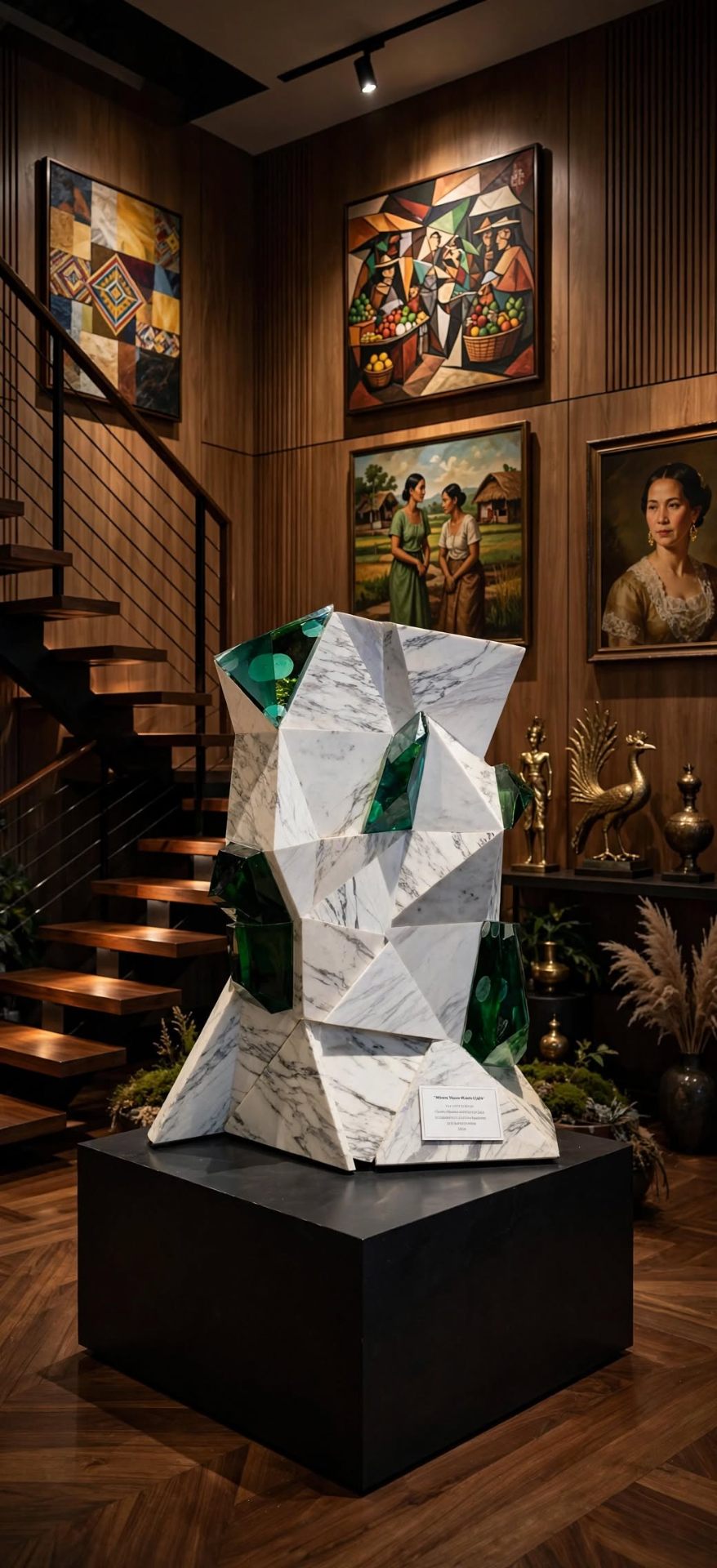 Where Stone Meets Light — a faceted white marble mass set with emerald green glass wedges, on a black plinth.