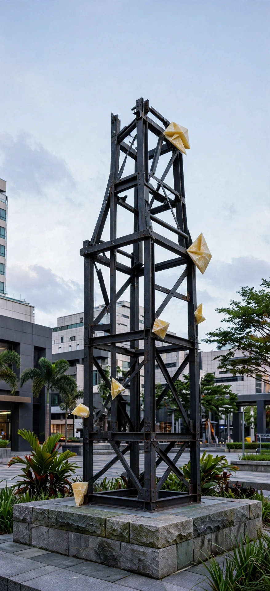Tanzaku — a tall weathered steel tower with folded yellow onyx forms climbing it.