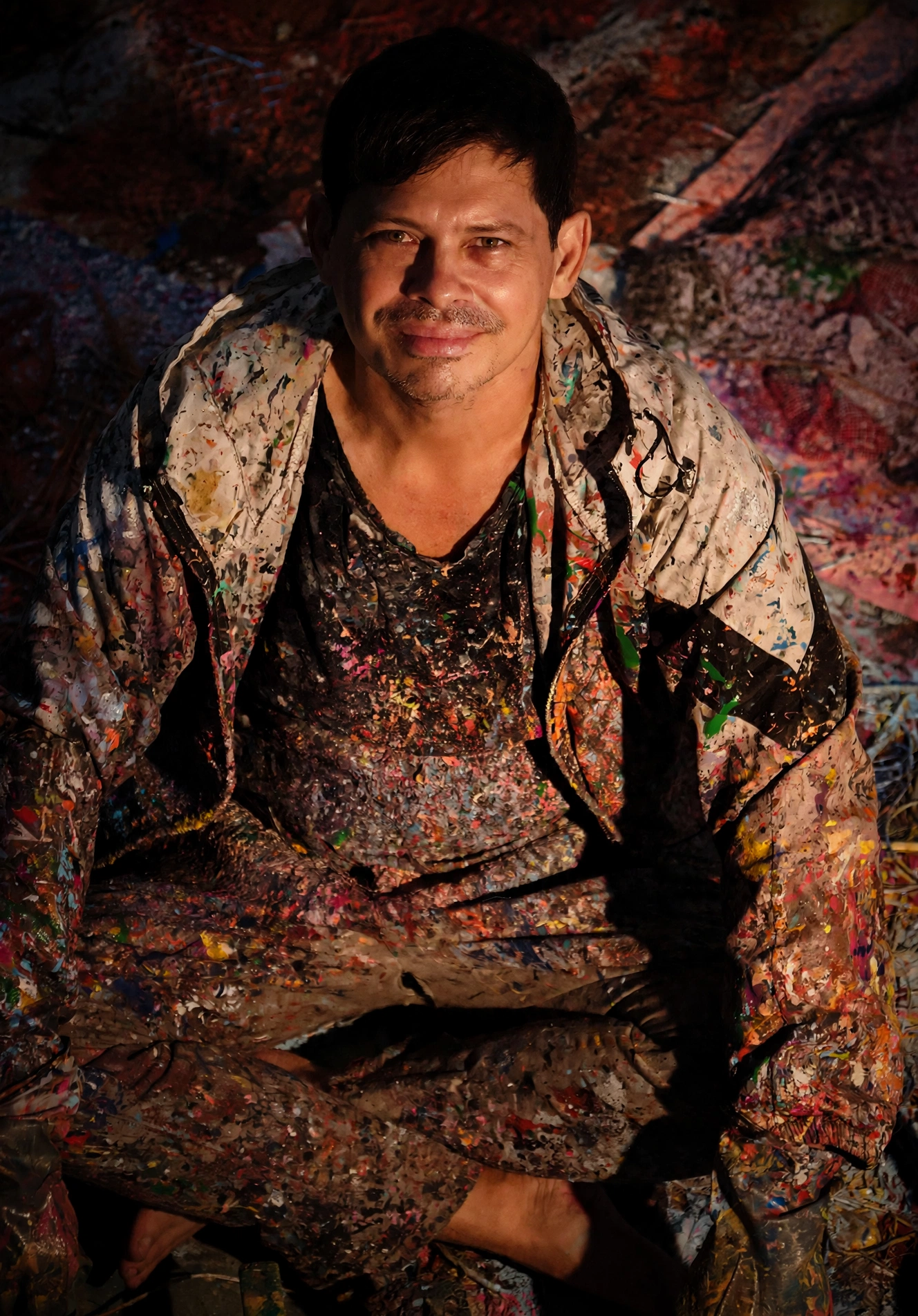 Portrait of sculptor David Kaufman in his paint-splattered studio clothing.