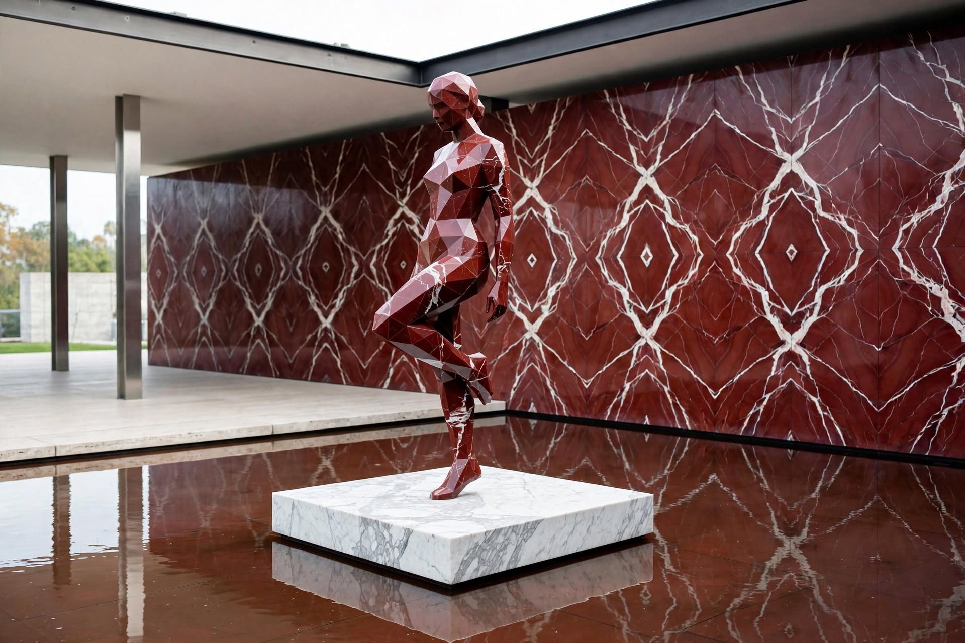 Crimson Step — a faceted deep red marble figure mid-stride on a white marble plinth in a mirrored pavilion.