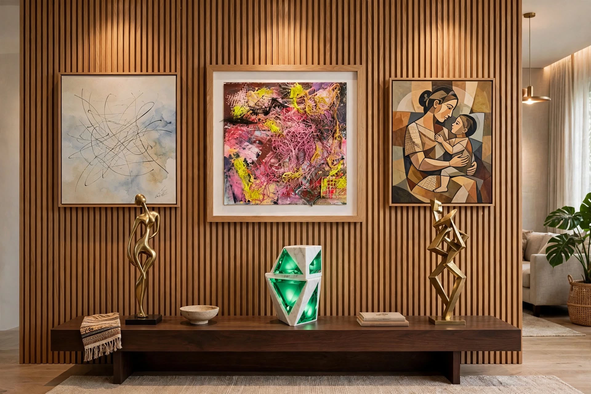 Green Lantern — a small marble and glass sculpture glowing green, displayed on a walnut console in an interior.