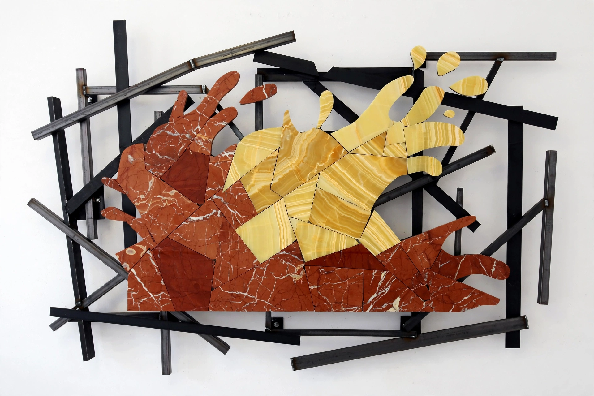 Ember Tide — red marble and honey onyx splash forms over black steel bars.