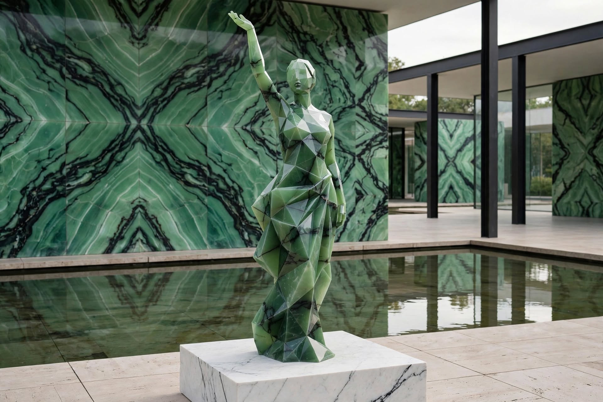 Green Ascent — a faceted green marble figure with one arm raised, on a white marble plinth beside a reflecting pool.