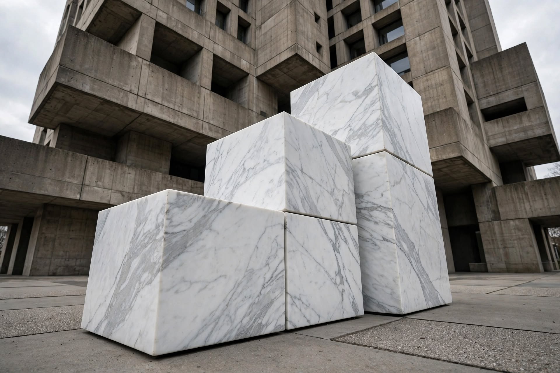 Cardinal Stack — four white Statuario marble cubes arranged in a stepped formation outside a brutalist tower.