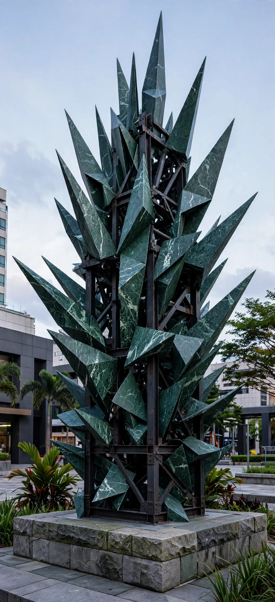 Kabuto — a tower of green marble folded blades over a black steel armature.