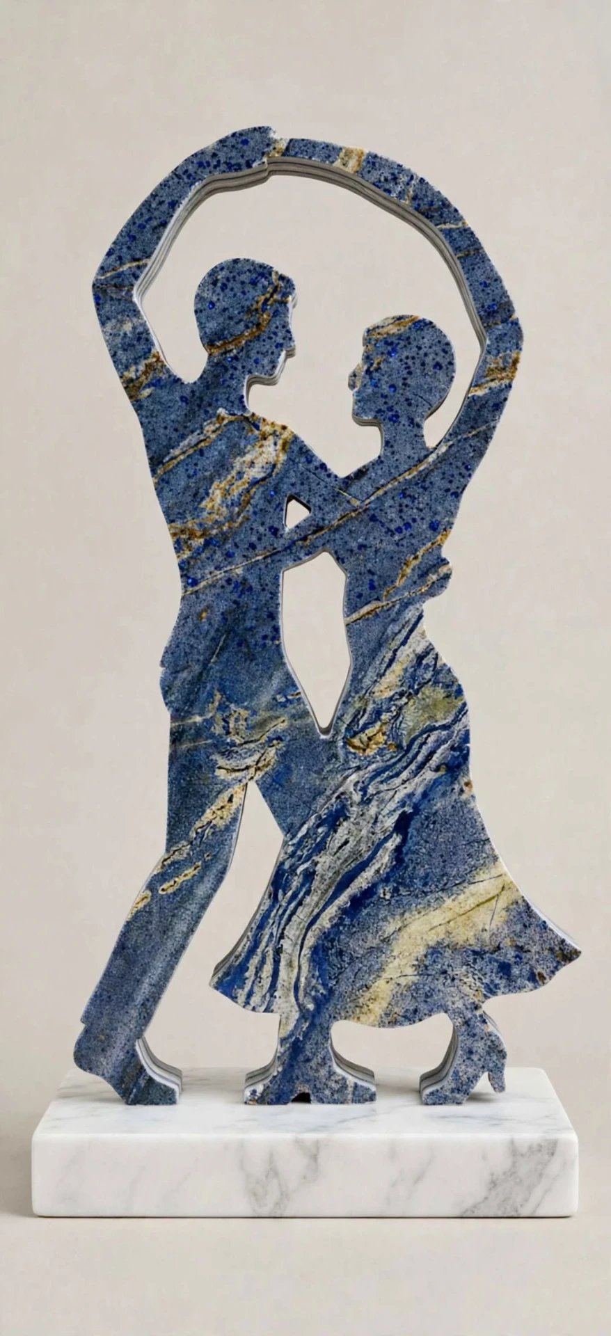 Raised Arch — a blue sodalite silhouette of two dancers with joined arms forming an arch, on a white Carrara marble base.